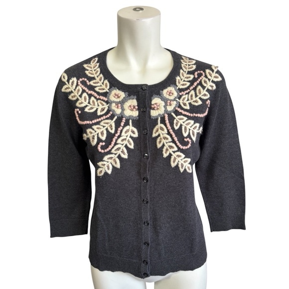 Anthropologie Tabitha Charcoal Beaded Cardigan | Floral Embroidery | Medium - Picture 4 of 11